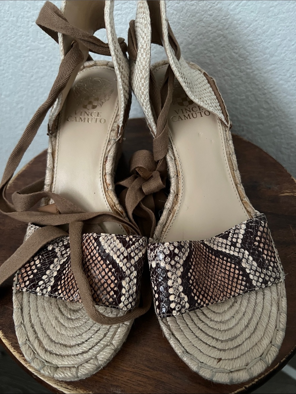 Vince Camuto Brown Snake-Print Espadrille Wedge Sandals with Cream Jute